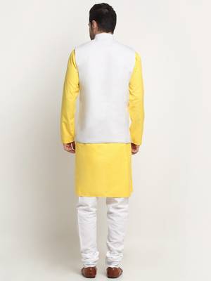 Men Cotton Solid Yellow Kurta Churidar With White Twill Nehru Jacket Set 3