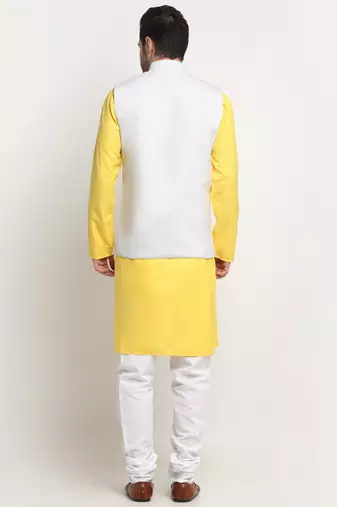 Men Cotton Solid Yellow Kurta Churidar With White Twill Nehru Jacket Set