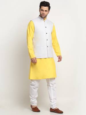 Men Cotton Solid Yellow Kurta Churidar With White Twill Nehru Jacket Set 4