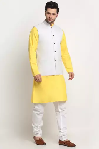 Men Cotton Solid Yellow Kurta Churidar With White Twill Nehru Jacket Set