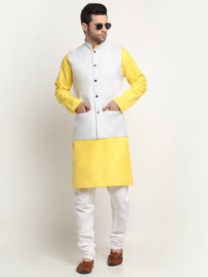Men Cotton Solid Yellow Kurta Churidar With White Twill Nehru Jacket Set 5