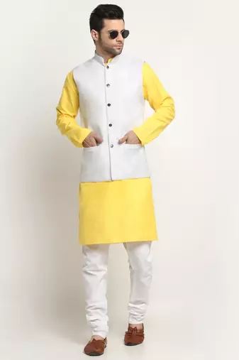 Men Cotton Solid Yellow Kurta Churidar With White Twill Nehru Jacket Set