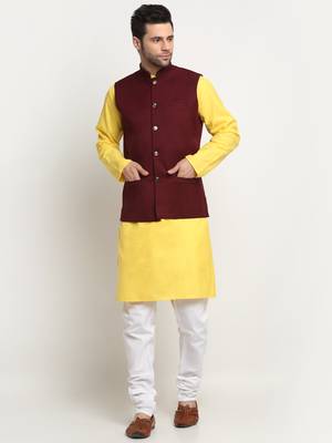 Men Cotton Solid Yellow Kurta Churidar With Maroon Twill Nehru Jacket Set 1