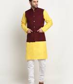 Men Cotton Solid Yellow Kurta Churidar With Maroon Twill Nehru Jacket Set