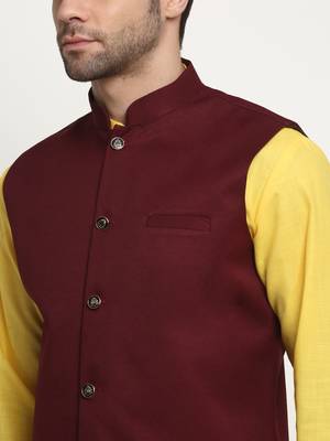 Men Cotton Solid Yellow Kurta Churidar With Maroon Twill Nehru Jacket Set 2