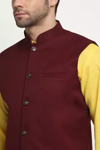 Men Cotton Solid Yellow Kurta Churidar With Maroon Twill Nehru Jacket Set