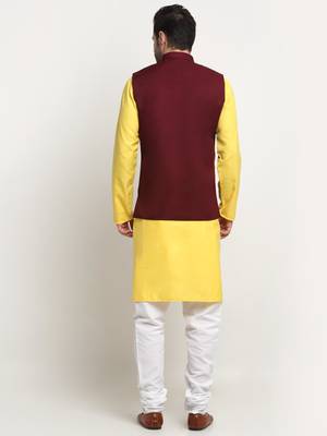 Men Cotton Solid Yellow Kurta Churidar With Maroon Twill Nehru Jacket Set 3