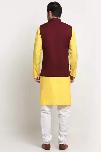 Men Cotton Solid Yellow Kurta Churidar With Maroon Twill Nehru Jacket Set