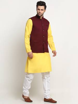 Men Cotton Solid Yellow Kurta Churidar With Maroon Twill Nehru Jacket Set 4