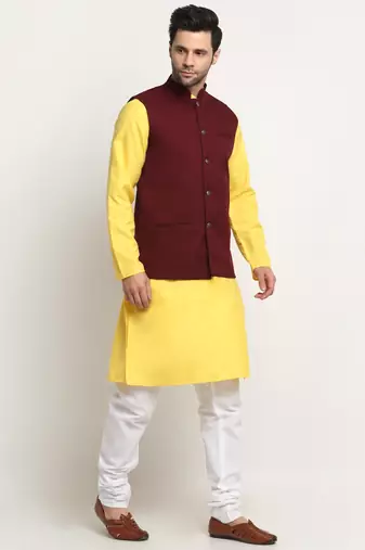 Men Cotton Solid Yellow Kurta Churidar With Maroon Twill Nehru Jacket Set