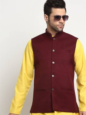 Men Cotton Solid Yellow Kurta Churidar With Maroon Twill Nehru Jacket Set 5