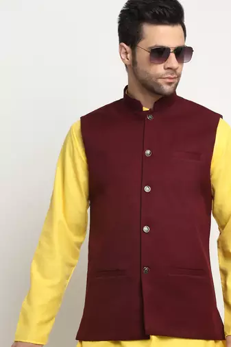 Men Cotton Solid Yellow Kurta Churidar With Maroon Twill Nehru Jacket Set