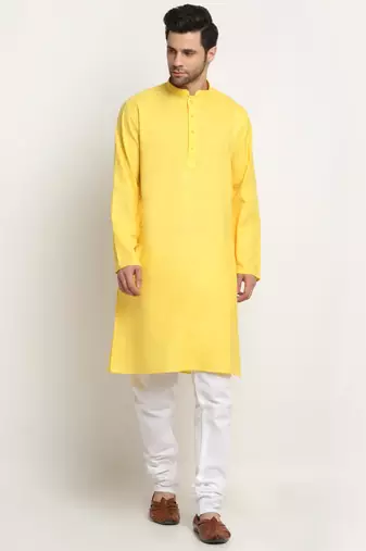 Men Cotton Solid Yellow Kurta Churidar With Maroon Twill Nehru Jacket Set