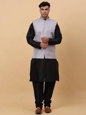 Men Black Kurta and Churidar with Grey sequence Striped Nehru Jacket 1