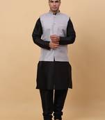 Men Black Kurta and Churidar with Grey sequence Striped Nehru Jacket