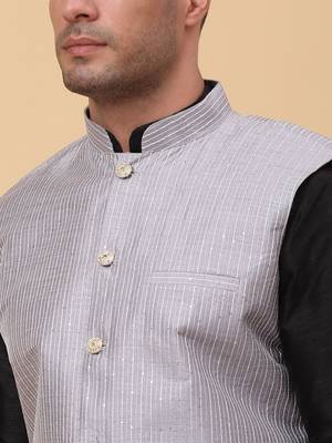 Men Black Kurta and Churidar with Grey sequence Striped Nehru Jacket 2