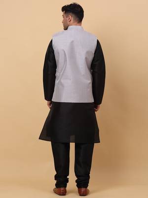 Men Black Kurta and Churidar with Grey sequence Striped Nehru Jacket 3