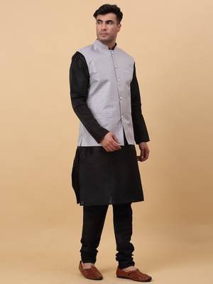 Men Black Kurta and Churidar with Grey sequence Striped Nehru Jacket 4