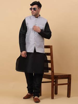 Men Black Kurta and Churidar with Grey sequence Striped Nehru Jacket 7