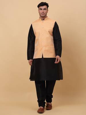 Men Black Kurta and Churidar with Peach sequence Striped Nehru Jacket 1