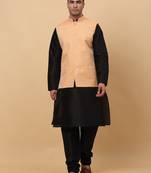 Men Black Kurta and Churidar with Peach sequence Striped Nehru Jacket