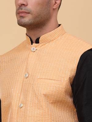 Men Black Kurta and Churidar with Peach sequence Striped Nehru Jacket 2