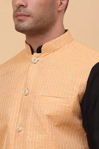 Men Black Kurta and Churidar with Peach sequence Striped Nehru Jacket