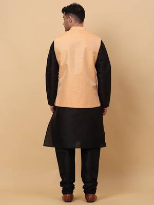 Men Black Kurta and Churidar with Peach sequence Striped Nehru Jacket 3