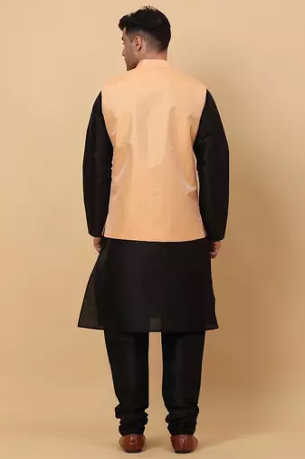 Men Black Kurta and Churidar with Peach sequence Striped Nehru Jacket