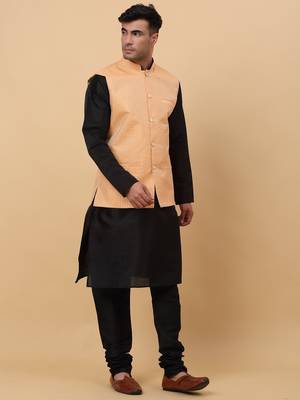 Men Black Kurta and Churidar with Peach sequence Striped Nehru Jacket 4
