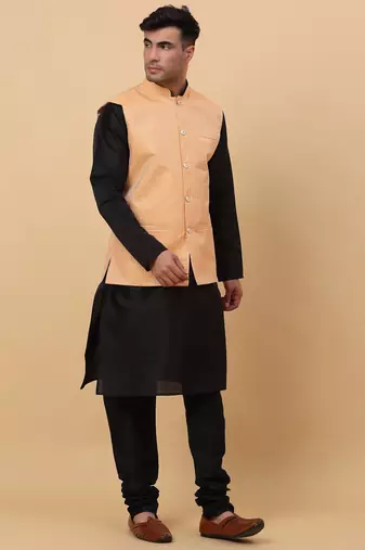 Men Black Kurta and Churidar with Peach sequence Striped Nehru Jacket