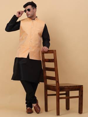 Men Black Kurta and Churidar with Peach sequence Striped Nehru Jacket 7