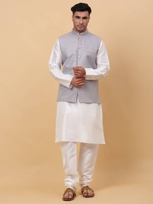 Men Cream Kurta and Churidar with Grey sequence Striped Nehru Jacket 1
