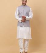 Men Cream Kurta and Churidar with Grey sequence Striped Nehru Jacket