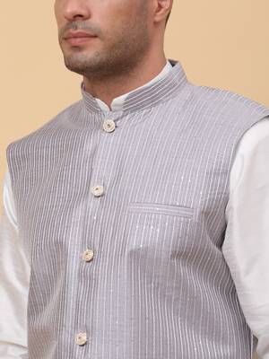 Men Cream Kurta and Churidar with Grey sequence Striped Nehru Jacket 2
