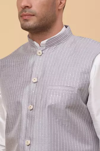 Men Cream Kurta and Churidar with Grey sequence Striped Nehru Jacket