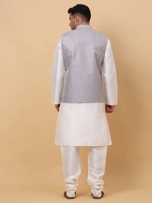 Men Cream Kurta and Churidar with Grey sequence Striped Nehru Jacket 3