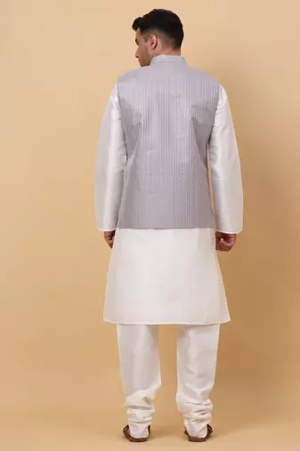 Men Cream Kurta and Churidar with Grey sequence Striped Nehru Jacket