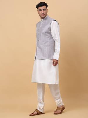 Men Cream Kurta and Churidar with Grey sequence Striped Nehru Jacket 4