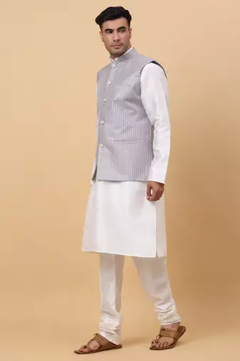Men Cream Kurta and Churidar with Grey sequence Striped Nehru Jacket