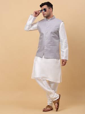 Men Cream Kurta and Churidar with Grey sequence Striped Nehru Jacket 7