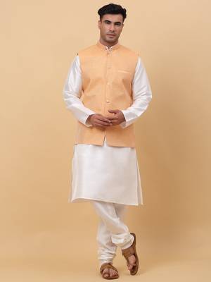 Men Cream Kurta and Churidar with Peach sequence Striped Nehru Jacket 1