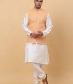 Men Cream Kurta and Churidar with Peach sequence Striped Nehru Jacket