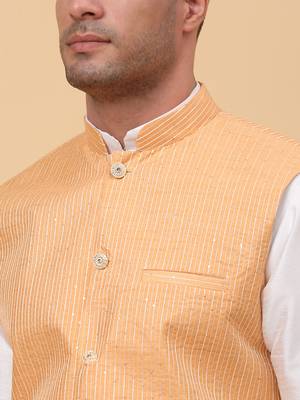 Men Cream Kurta and Churidar with Peach sequence Striped Nehru Jacket 2