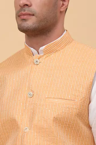 Men Cream Kurta and Churidar with Peach sequence Striped Nehru Jacket