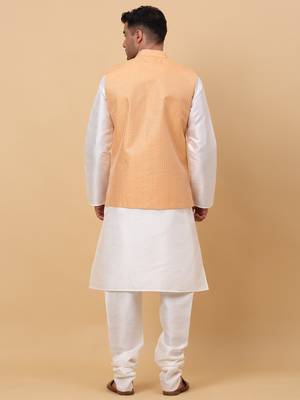 Men Cream Kurta and Churidar with Peach sequence Striped Nehru Jacket 3