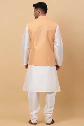 Men Cream Kurta and Churidar with Peach sequence Striped Nehru Jacket
