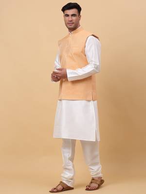 Men Cream Kurta and Churidar with Peach sequence Striped Nehru Jacket 4