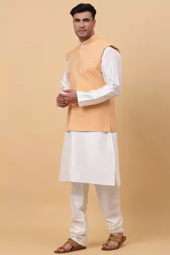 Men Cream Kurta and Churidar with Peach sequence Striped Nehru Jacket