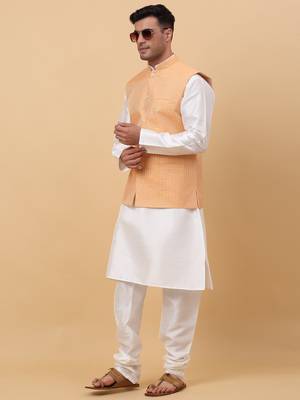 Men Cream Kurta and Churidar with Peach sequence Striped Nehru Jacket 7